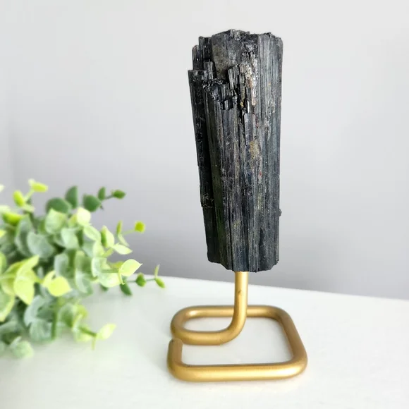 Raw black tourmaline chunk on gold stand - crystal - Picture 6 of 10